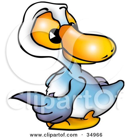 Clipart Illustration of a Blue Duckling Pointing To The Left by dero