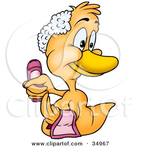 Clipart Illustration of a Happy Yellow Duckling With A Towel And Shampoo, Washing His Hair by dero
