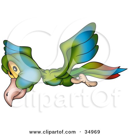Clipart Illustration of a Flying Green, Blue And Red Bird With Yellow Eyes, Glancing While Passing by dero