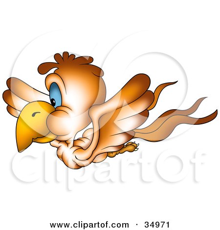 Clipart Illustration of a Flying Brown Bird With Blue Eyes In Profile by dero
