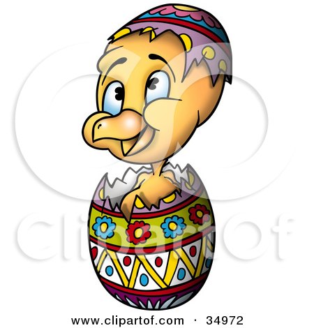 Clipart Illustration of a Cute Yellow Chick Hatching From A Colorful Easter Egg by dero