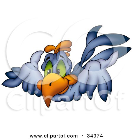 Clipart Illustration of a Flying Blue Bird With Green Eyes by dero