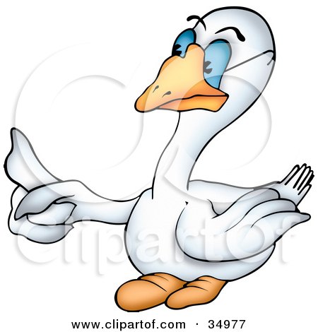 Clipart Illustration of a White Goose With Blue Eyes, Wearing Glasses And Wagging His Finger by dero
