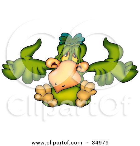 Clipart Illustration of a Confused Green Bird Shrugging by dero