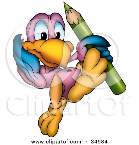 Clipart Illustration of a Purple And Blue Parrot Dancing With A Green Colored Pencil by dero