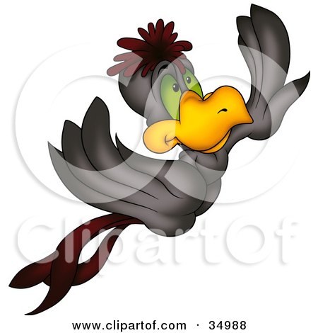 Clipart Illustration of a Flying Gray And Maroon Bird With Green Eyes by dero
