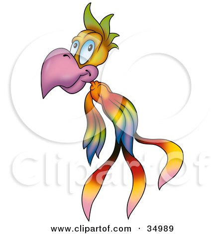 Clipart Illustration of a Flying Rainbow Colored Bird With Blue Eyes And Long Feathers by dero