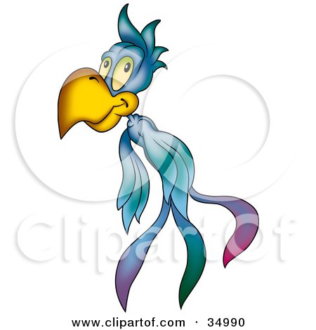 Clipart Illustration of a Flying Blue Bird With Green Eyes And Long Feathers by dero