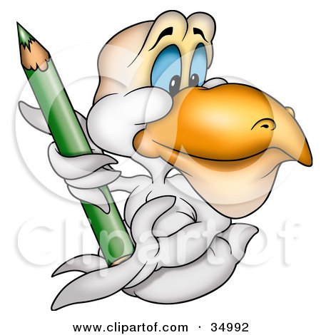 Clipart Illustration of a White Pelican With Blue Eyes, Holding A Green Colored Pencil by dero
