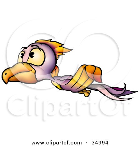 Clipart Illustration of a Purple And Orange Bird With Yellow Eyes, Looking Up And Flying by dero