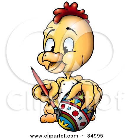 Clipart Illustration of a Happy Yellow Chick Painting A Colorful Easter Egg With A Brush by dero