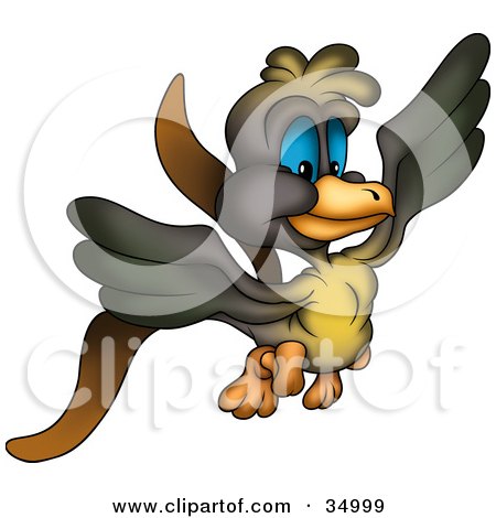 Clipart Illustration of a Flying Green, Yellow And Brown Bird With Blue Eyes by dero