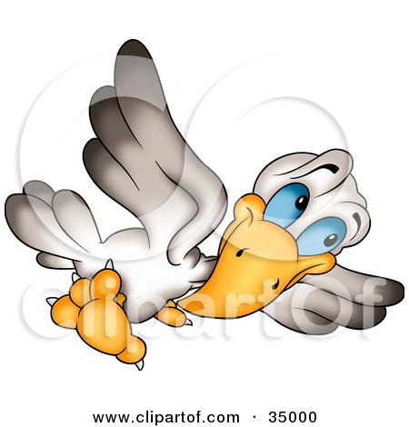 Clipart Illustration of a White And Gray Bird With Blue Eyes, Tilting His Head While Flying by dero