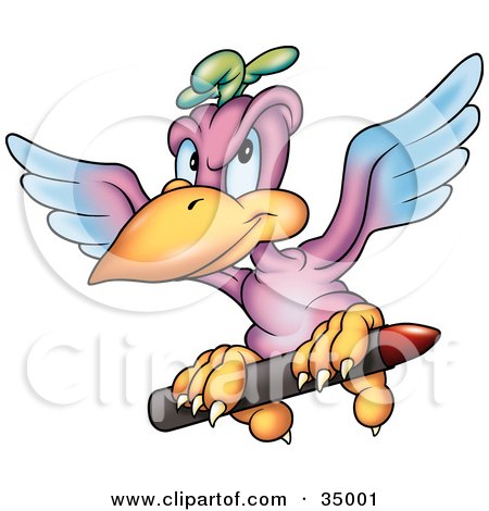 Clipart Illustration of a Purple And Blue Parrot Flying With A Red Crayon In His Claws by dero