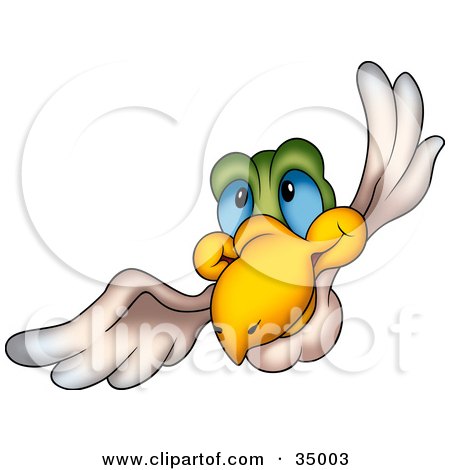 Clipart Illustration of a Blue Eyed Bird With A Green Head, Flying Forward by dero