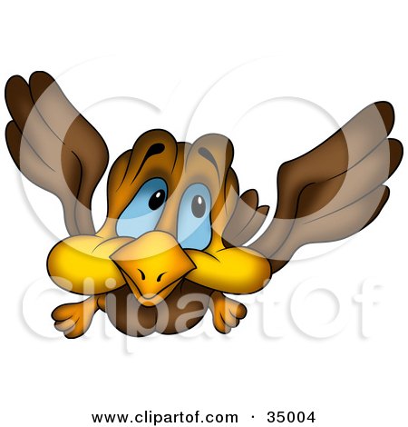 Clipart Illustration of a Flying Brown Bird With Blue Eyes And Big Cheeks by dero