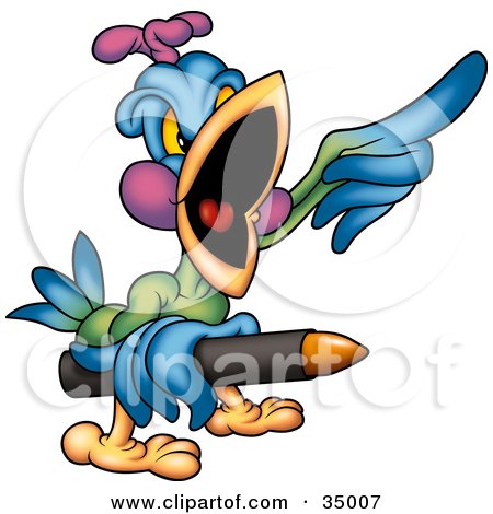 Clipart Illustration of a Mad Colorful Parrot Pointing And Holding A Brown Crayon by dero