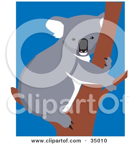 Clipart Illustration of a Cute Koala Hugging A Tree Over A Blue And White Background by Dennis Holmes Designs