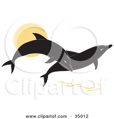 Clipart Illustration of Two Black Silhouetted Dolphins Jumping Over The Water At Sunset by Dennis Holmes Designs
