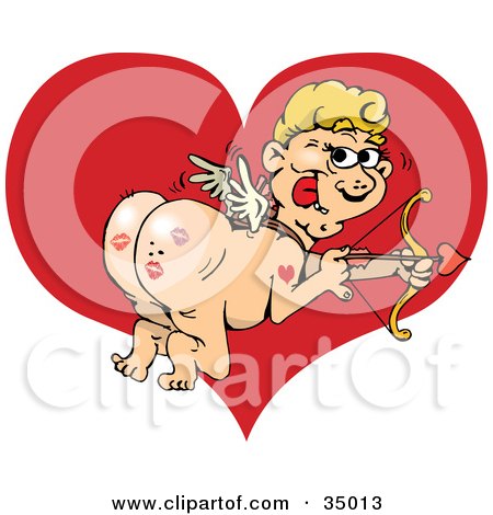 Clipart Illustration of a Mischievous Cupid Shooting Arrows And Showing Off The Lipstick Kisses On His Butt by Dennis Holmes Designs
