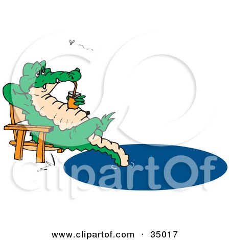 Clipart Illustration of a Relaxed Crocodile Sunning In A Chair, Sipping A Drink And Dipping His Tail In A Pond by Dennis Holmes Designs
