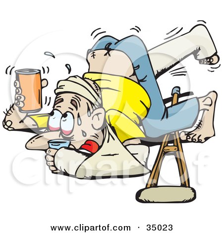 Clipart Illustration of an Accident Prone Man Covered In Casts And Slings, Holding Up His Beverage To Avoid Spilling After Tripping Over His Crutches by Dennis Holmes Designs