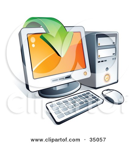 Clipart Illustration of a Green Download Arrow Over A Desktop Computer Screen by beboy