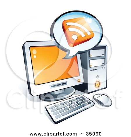 Clipart Illustration of An RSS Cube On An Instant Messenger Window Over A Desktop Computer Screen by beboy