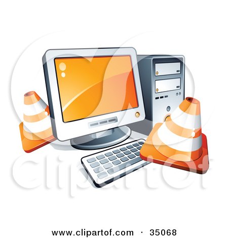 Clipart Illustration of Construction Cones Around A Desktop Computer  by beboy