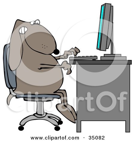 Clipart Illustration of a Brown Dog Sitting At A Desk And Using A Desktop Computer by djart