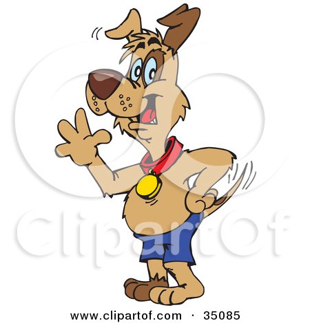 Clipart Illustration of a Friendly Brown Dog With A Patch Mark Around His Eye, Wearing A Collar And Shorts And Waving by Dennis Holmes Designs