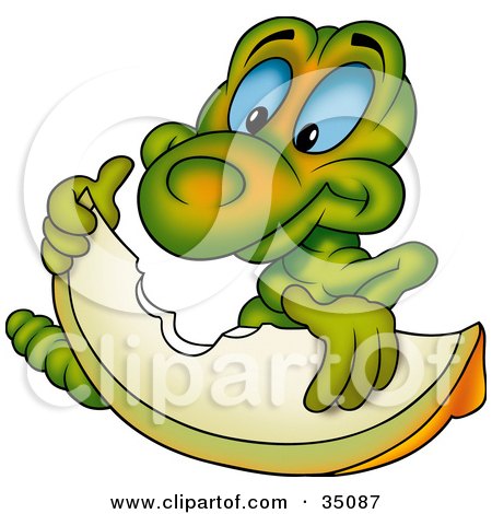 Clipart Illustration of a Hungry Green Worm With Blue Eyes, Nibbling On An Apple Slice by dero