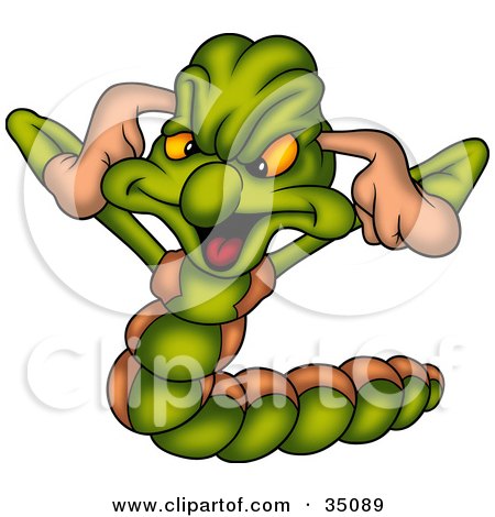 Clipart Illustration of a Mad Green Worm Plugging His Ears by dero