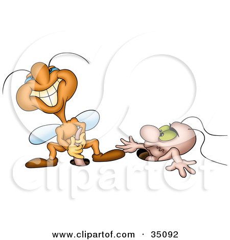 Clipart Illustration of a Hungry Fly Trying To Pull An Earthworm Out Of A Hole by dero