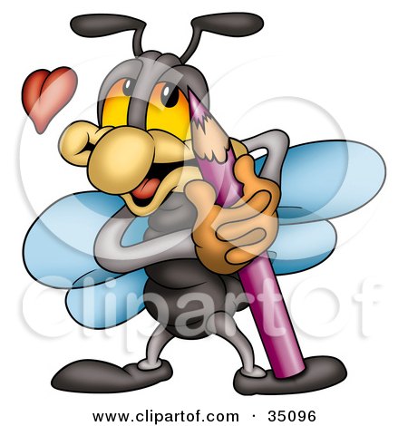 Clipart Illustration of a Black Fly With Blue Wings, Hugging His Purple Colored Pencil by dero