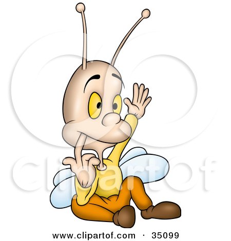 Clipart Illustration of a Cute Little Fly Wearing Clothes, Nibbling His Finger And Raising His Hand, by dero