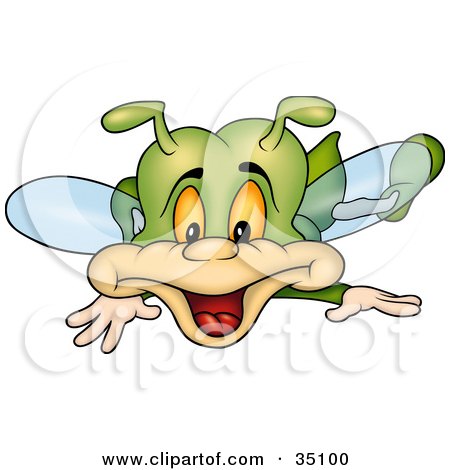 Clipart Illustration of a Happy Green Fly Flying Forward by dero