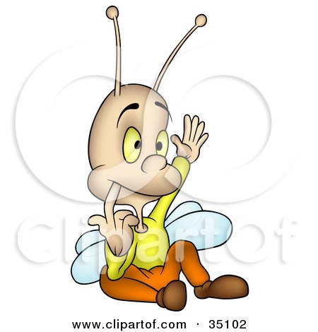Clipart Illustration of a Smart Little Fly Wearing Clothes, Nibbling His Finger And Raising His Hand, by dero