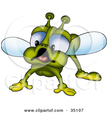 Clipart Illustration of a Green, Blue Eyed Bug Preparing To Fly Away by dero