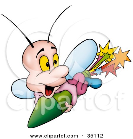 Clipart Illustration of a Cute Little Fly Shooting Past On A Green Firework by dero