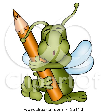 Clipart Illustration of a Cute Green Bug Hugging And Embracing A Brown Colored Pencil by dero