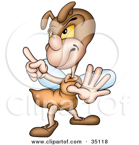 Clipart Illustration of a Stern Brown Bug Holding One Hand Up In A Stop Gesture And Pointing With The Other Hand by dero
