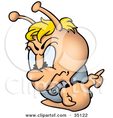 Clipart Illustration of an Angry Little Snail With Blond Hair, Pointing To The Right by dero