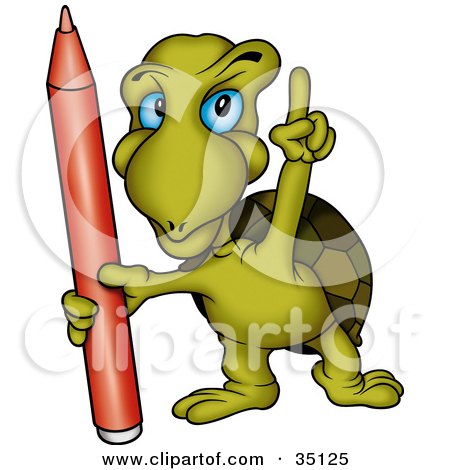 Clipart Illustration of a Green Turtle With Blue Eyes, Holding A Red Marker And Pointing Upwards by dero