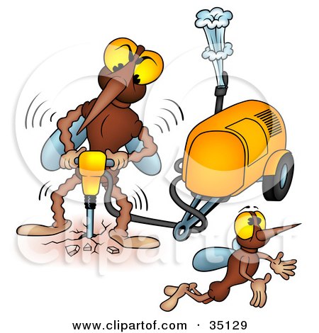 Clipart Illustration of a Mosquito Flying Away From Another While He Operates A Jackhammer by dero