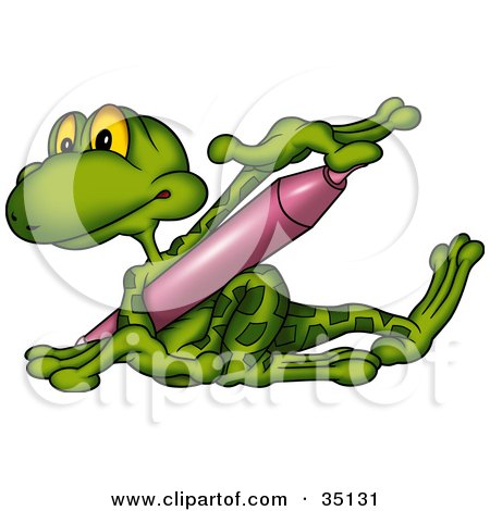 Clipart Illustration of a Cute Green Frog Holding A Purple Marker by dero