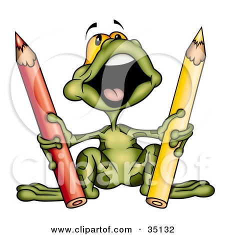 Clipart Illustration of a Cute Green Frog Singing And Holding Red And Yellow Colored Pencils by dero