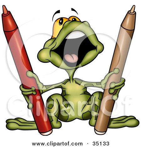 Clipart Illustration of a Cute Green Frog Singing And Holding Red And Brown  Markers by dero