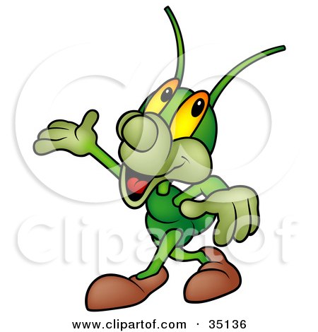Clipart Illustration of a Confident Green Cricket Smiling And Gesturing With His Hand by dero