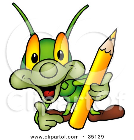 Clipart Illustration of a Friendly Green Artistic Cricket Holding A Yellow Colored Pencil by dero